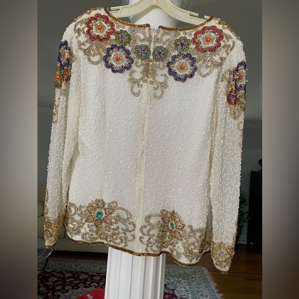 Black tie women’s V TG Floral Sequence beaded long sleeve 100% silk white top - Picture 2 of 11